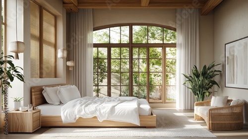 Modern bedroom with large arched window and lush greenery