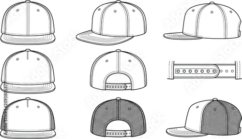 Snapback Cap Technical Flat Sketch Collection with Multiple Views and Mesh Texture