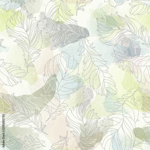 Pastel lightness watercolor pattern with hand-drawn feathers. Perfect for wallpaper, home textiles, apparel fabrics, stationery, and gift wrap. Vector background.