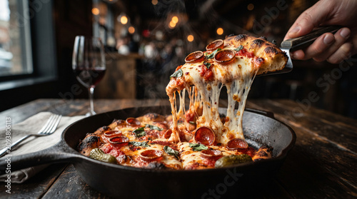 pizza in the restaurant Delicious hot pepperoni pizza on a table with a slice being pulled up showing stretchy cheese.