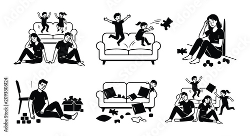 Schilderij op canvas Family Stress Scenes Black Vector Silhouettes On White Background
