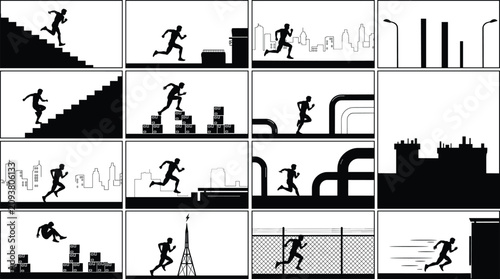 Foto Runner overcoming urban obstacles and cityscapes silhouette montage running