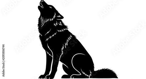 Bild auf Leinwand Howling wolf silhouette vector, black wild animal profile, sitting timber wolf i