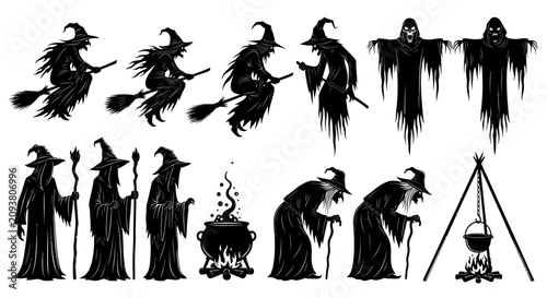 Slika na platnu Spooky Halloween witch silhouettes set, black magic sorceress flying on broomsti