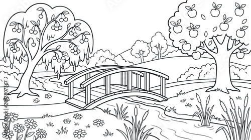 Beautiful nature landscape line art vector illustration with wooden bridge.