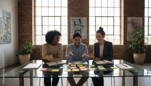 Creative Collaboration Session: Three diverse professionals engage in a dynamic brainstorming session around a glass table, surrounded by sticky notes and documents, fostering innovation and teamwork.