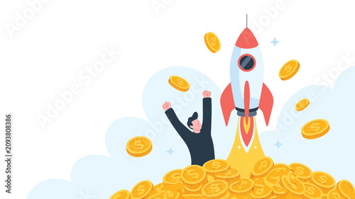 Excited businessman standing on a huge pile of gold coins while a rocket takes off, representing a successful startup launch.