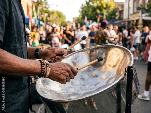 Close-up of a musician playing a steel pan drum at an outdoor festival with a crowd in the background