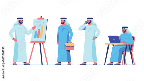 Group of Arab businessmen in traditional white robes depicted in various professional roles including presenting, calling, and working.