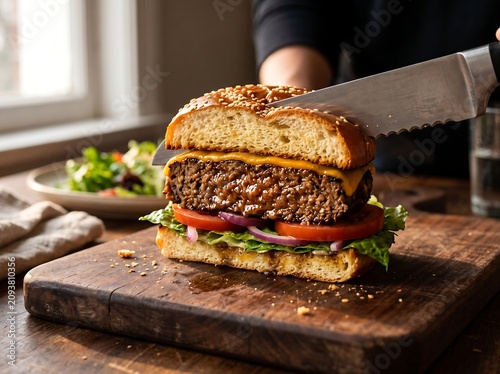 Close up view of a delicious plant based vegan burger being sliced with a sharp kitchen knife on a rustic wooden cutting board