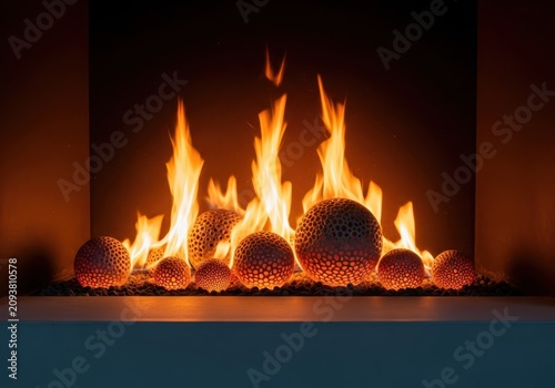 A modern minimalist fireplace features glowing ceramic fire balls nestled within bright orange flames, creating a warm and cozy atmosphere, fireplace, residential, modern