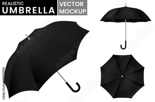 Mockup of black umbrella in three views isolated on white background. Vector illustration.