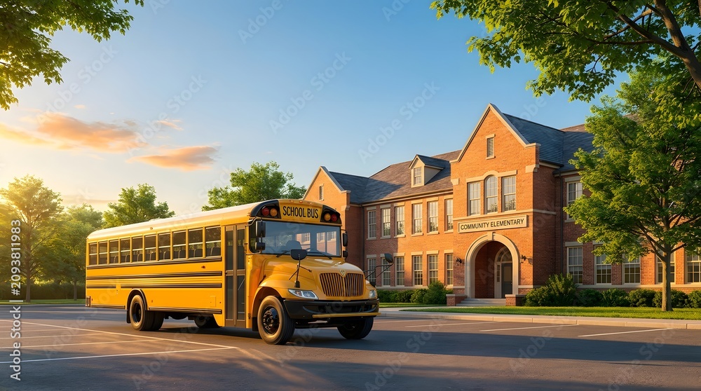Obraz premium Yellow school bus parked in front of a brick elementary school at sunset back to school
