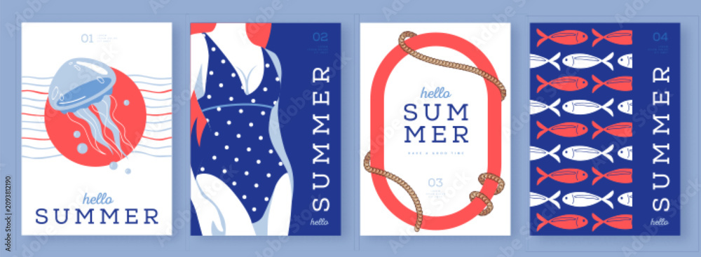 Obraz premium Set of summer striped sea vacation posters or covers. Flat design. Mediterranean-themed summer vibe backgrounds. Vector illustration