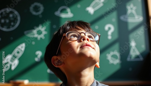 Smart little boy wears glasses looking up at space doodles on green chalkboard background. Student child ponders future dreams near cosmic drawings. Young pupil explores science themes, universe