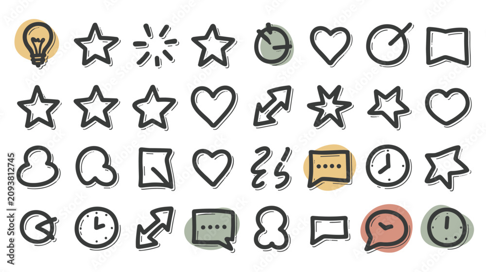 Fototapeta premium Set of hand drawn featuring lightbulbs, stars, hearts, clocks, and speech bubbles with subtle colored highlights on white background