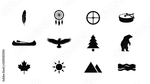 Elegant minimalist black silhouette symbol set featuring indigenous cultural motifs with medicine wheels alongside nature inspired elements