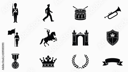 Schilderij op canvas Elegant black and white silhouette icons of military regalia royal symbols with