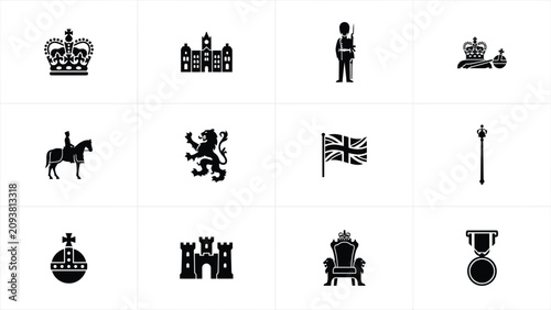 Foto Elegant black and white royal symbols icon set with all rendered minimalist silh