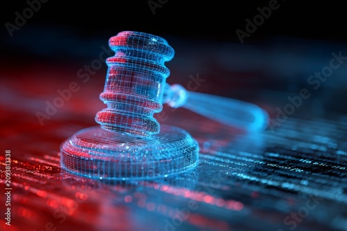 Digital justice concept with futuristic wireframe gavel. Glowing blue and red neon legal hammer. Cyber law and technology background