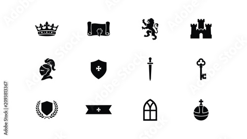Vintage heraldic symbols collection featuring crown shield lion castle and medieval icons in black silhouette with icons representing classic