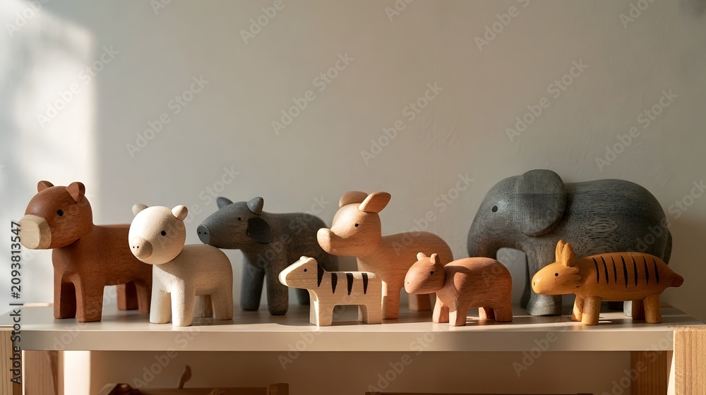 Obraz premium A row of simple wooden animal figurines including elephant zebra and horse displayed on a clean shelf under natural light