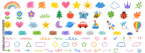 Hand drawn crayon color icon set with cute kids rainbow, heart, star, sun, cloud, flower and butterfly, pastel pencil chalk scribble line elements, vector illustration