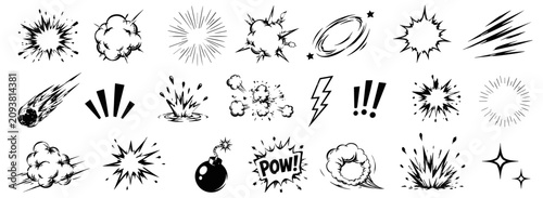 Photos Cartoon motion line and explosive boom effect collection with speed bursts, impact smoke, action flashes, dynamic comic marks, energy sparks and sketch doodle icons