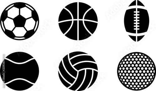Foto Sports Ball Silhouette Icon Set with Soccer, Basketball, Football, Tennis, Volle