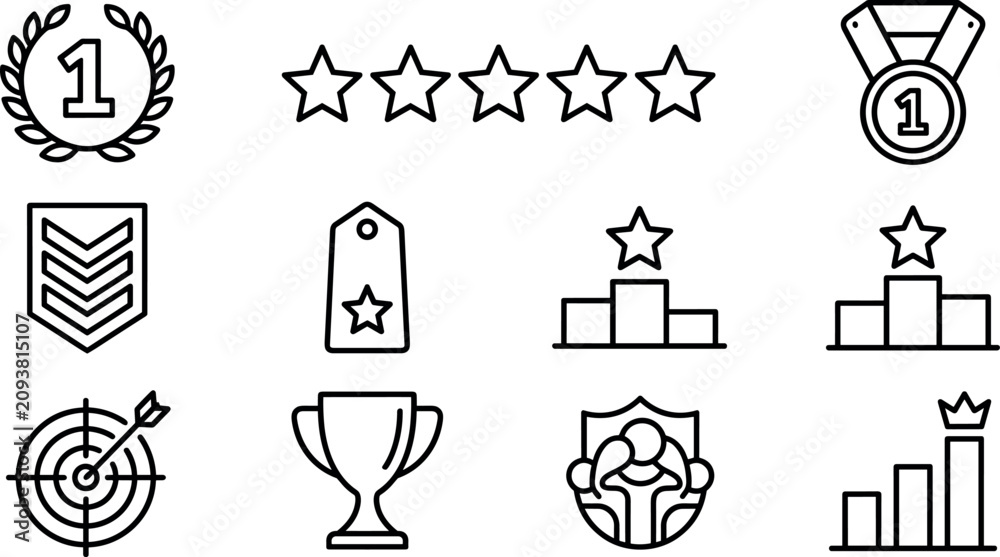 Naklejka premium Achievement and Success Line Icon Set with Trophy, Medal, Stars, Target, and Podium Symbols for Business Performance, Rewards, and Gamification Designs