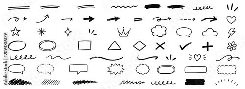 Fotografía Marker brush underline doodle set with hand drawn pen strokes, pencil arrows, hearts, stars, crown, speech bubble, swoosh and highlight sketch icons