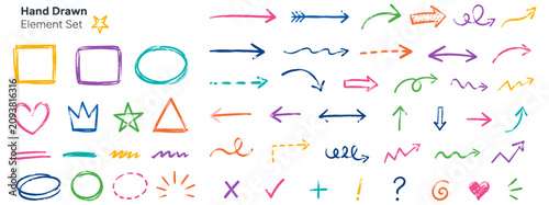 Hand drawn arrow and brush line element set with grunge squares, hearts, frames, circles, underlines and scribble marks in chalk and crayon style. Vector illustration