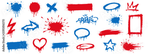 Foto Graffiti spray paint texture set with red and blue stains, urban splatter shapes