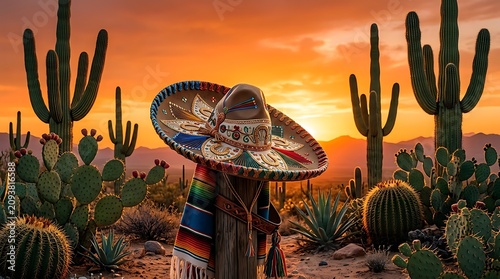 Vibrant Mexican sombrero with colorful serape draped on wooden post in desert landscape at sunset.