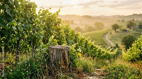 Vineyard in Tuscany Italy during golden hour with rolling hills and cypress trees at sunset.