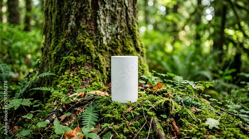 White cylinder object placed on mossy forest floor surrounded by lush green ferns.