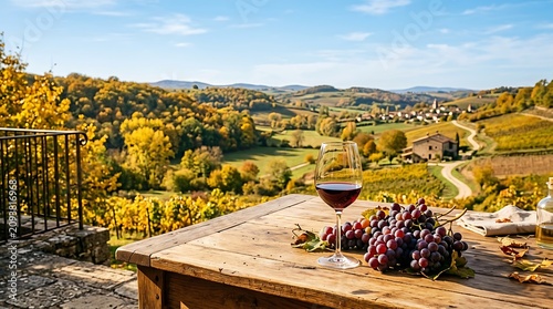 Glass of red wine and grapes on wooden table in vineyard overlooking rolling hills.