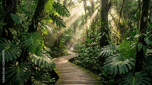 Wooden boardwalk path winding through lush green rainforest with sunbeams filtering through trees.
