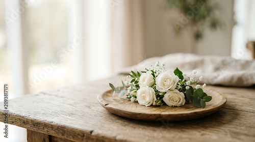 White rose bouquet on rustic wooden table with soft natural light and blurred background.