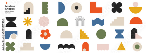 Abstract Bauhaus shape collection with minimalist geometric forms, brutalist stars, flowers, circles and bold modern decorative graphic elements vector illustration