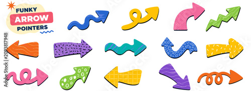 Fotografie Colorful funky cartoon arrow set with playful pointers, groovy wavy shapes, abst