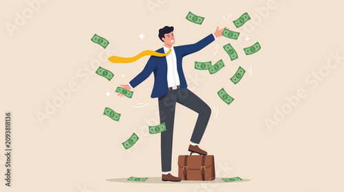 Professional businessman standing on a leather briefcase surrounded by falling cash in this flat vector illustration