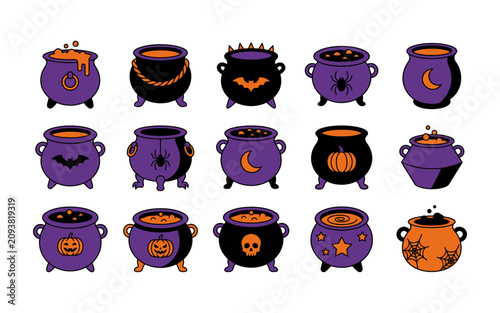 Halloween cauldron icons set witchcraft symbols for helloween party decorations