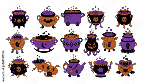 Helloween inspired cauldron collection spooky purple orange halloween potions vector illustration set