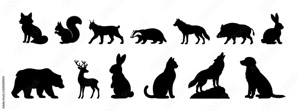 Obraz premium Collection of woodland animal silhouettes including rabbit squirrel fox boar bear deer dog cat and other forest creatures arranged in two rows for creative projects. Vector illustration.