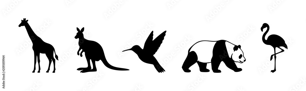 Obraz premium Collection of animal silhouettes including giraffe kangaroo hummingbird panda flamingo and other wildlife arranged in a balanced horizontal row for creative projects. Vector illustration.