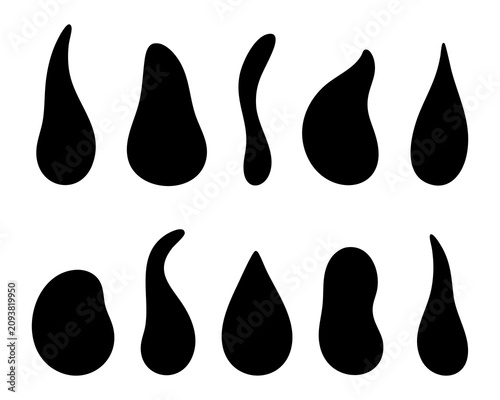 Foto Collection of ten smooth black droplet silhouettes with pointed tops rounded bases and varied organic proportions arranged neatly in two rows for creative projects