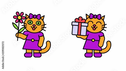 Cat girl holding flower and gift box. Transparent background