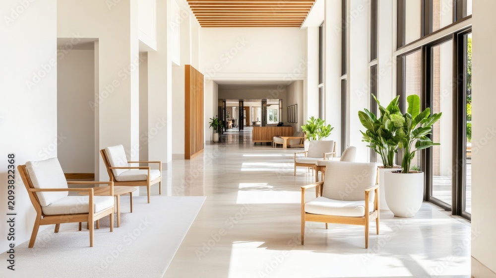Fototapeta premium Bright minimalist hotel lobby hallway with symmetrical wooden armchairs, lush potted plants, floor-to-ceiling windows and warm natural sunlight, architectural interior design. Modern,
