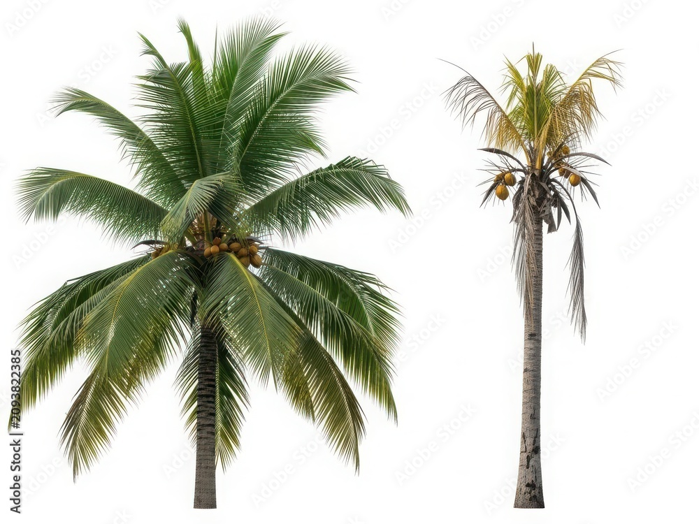 Fototapeta premium Two distinct palm trees showcasing their unique features and growth patterns.